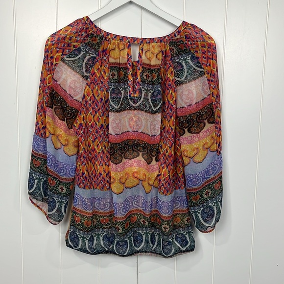 New Directions Womens Top S Orange Yellow Stretch Waist Pullover Flowy Boho Cute - Picture 9 of 13